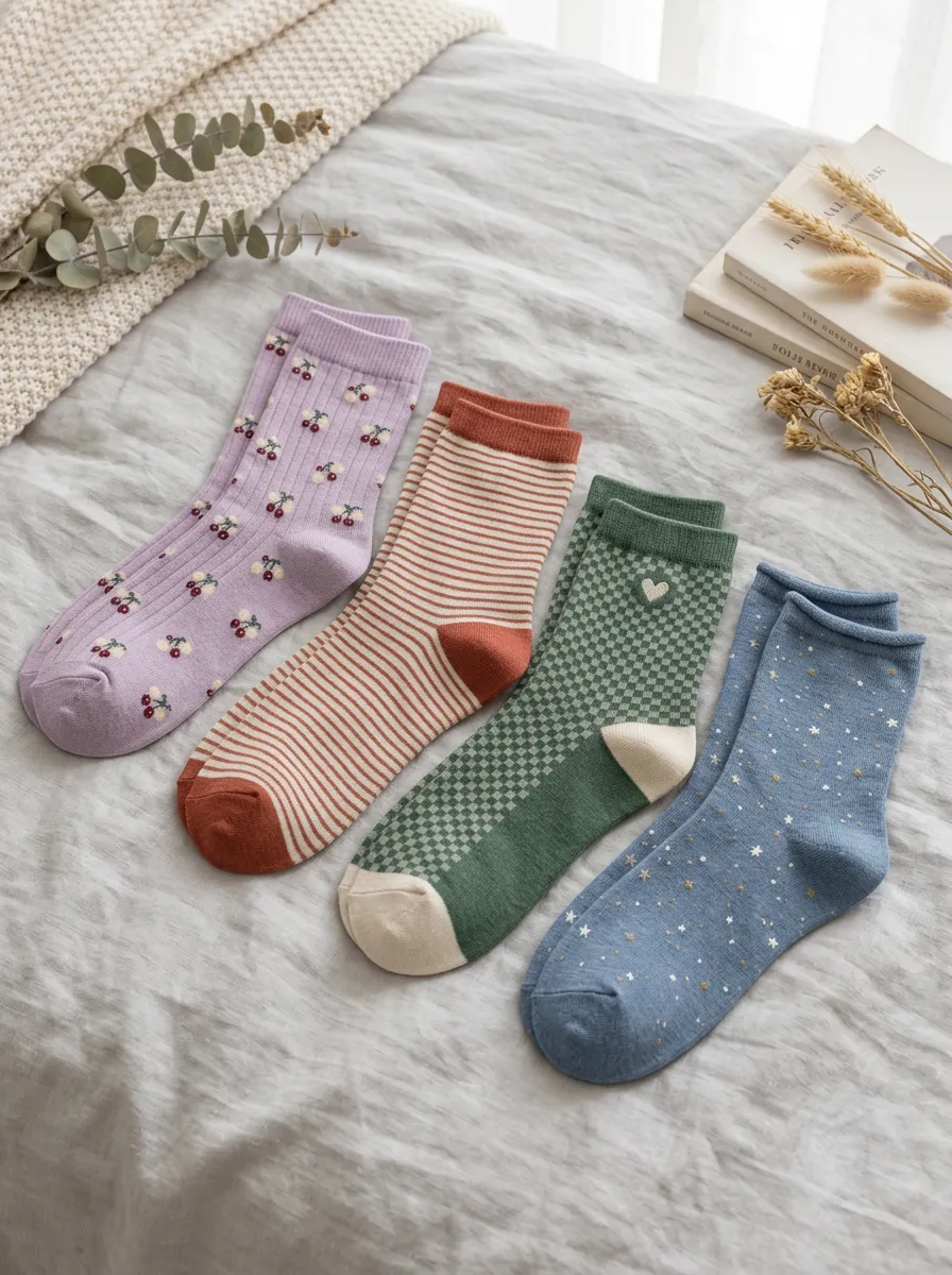 Women's Cherry Stripe Checkered Star Printed Socks Set