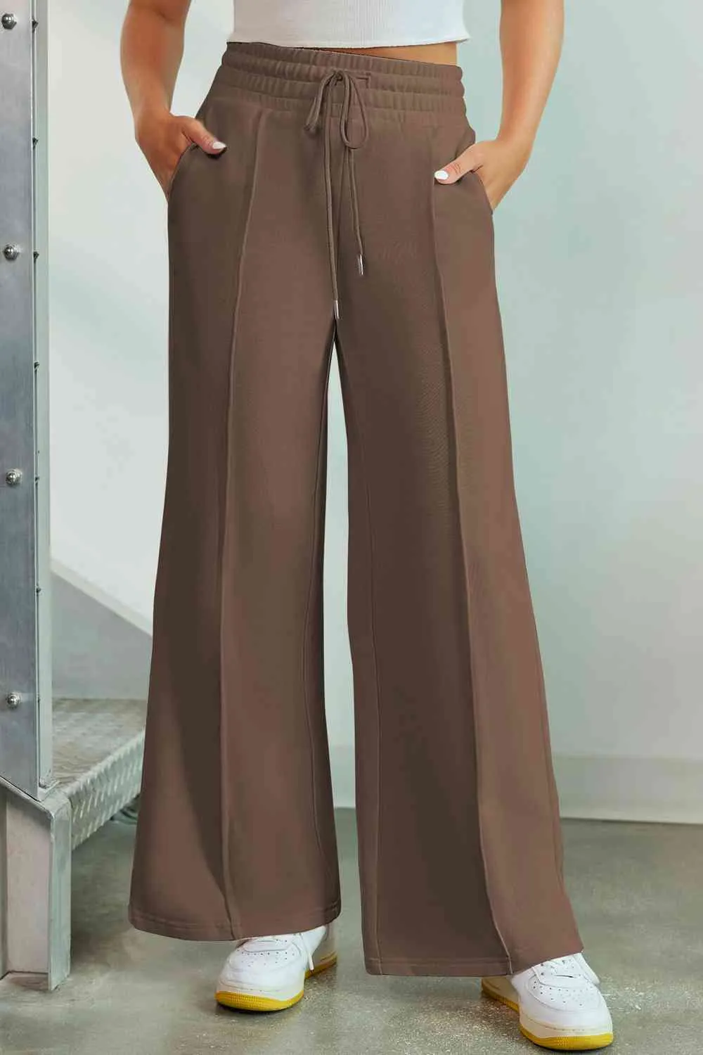 Polished Drawstring Wide Leg Pants With Pocket