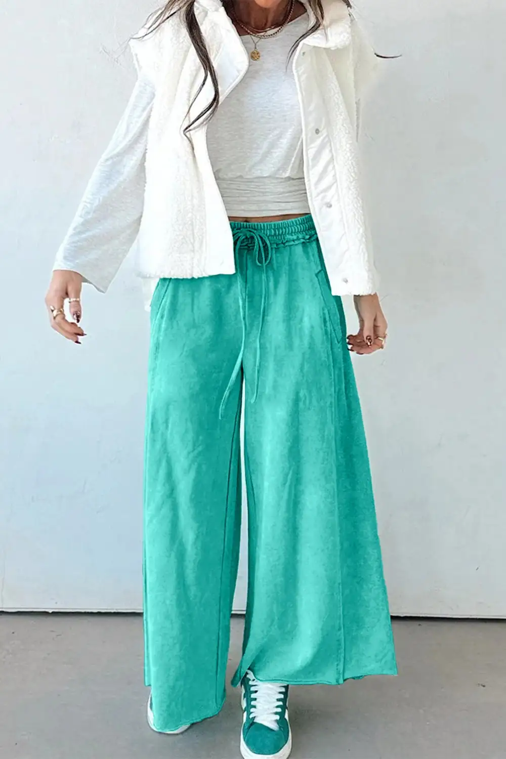 Wash Drawstring Elastic Waist Raw Hem Loose Trousers