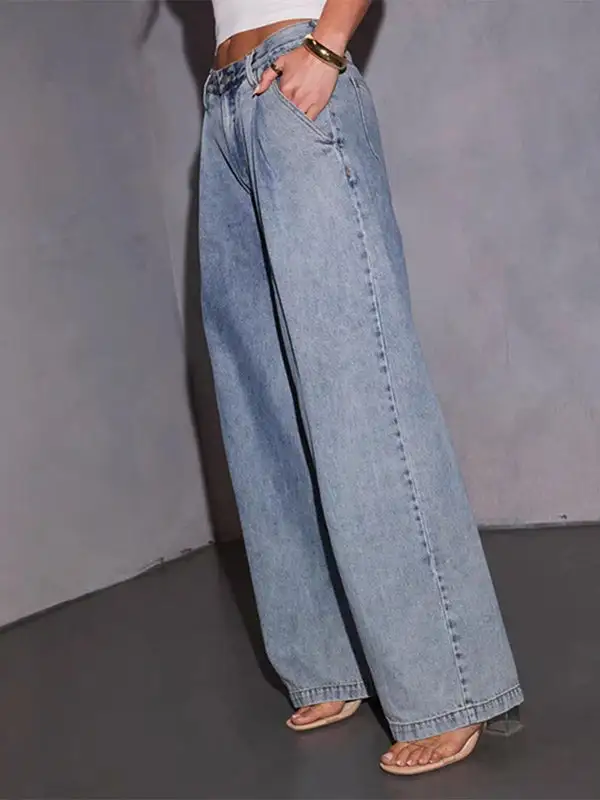 Relaxed Fit Wide Leg Seamed Pleated Jeans