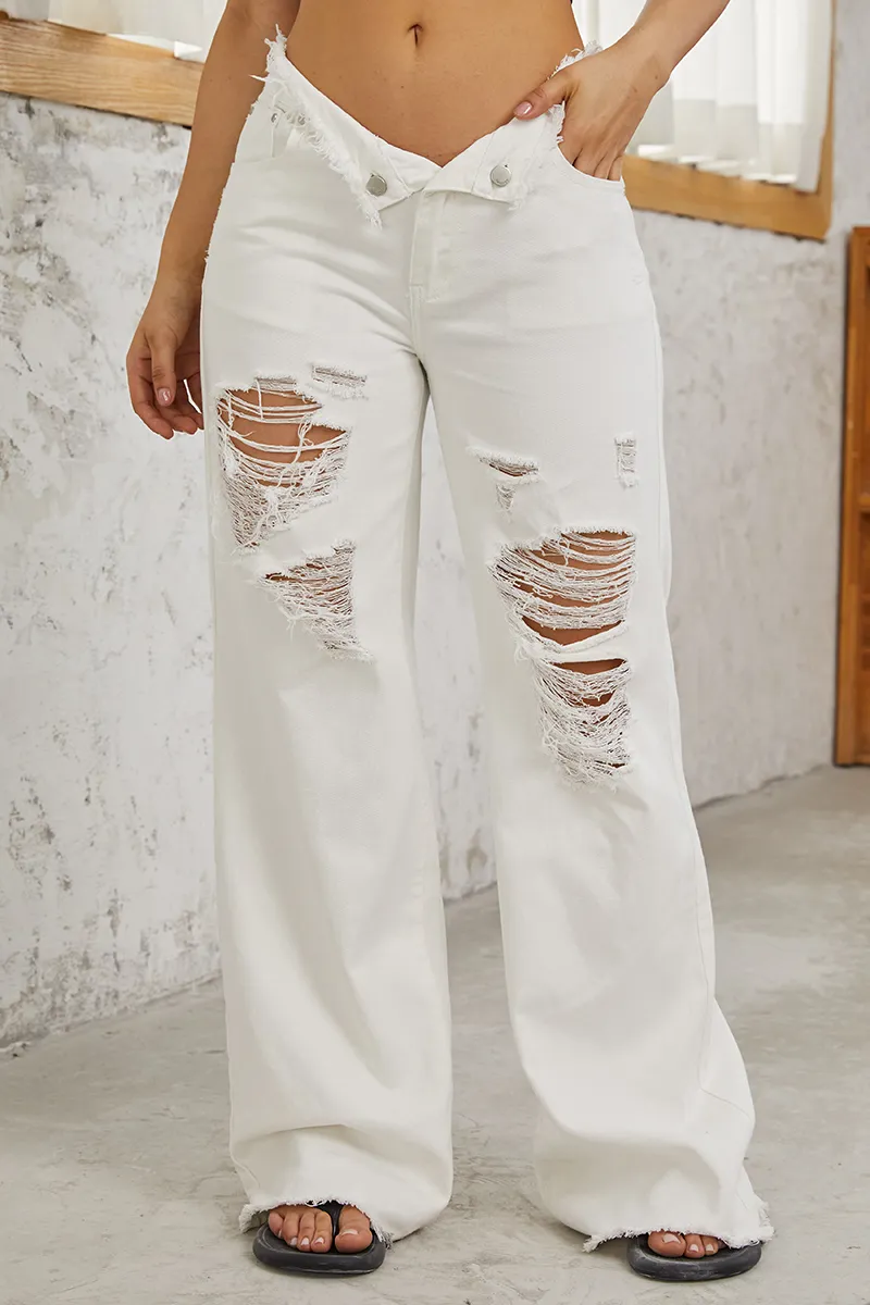 Mid Waist Ripped Raw Hem Flare Jeans