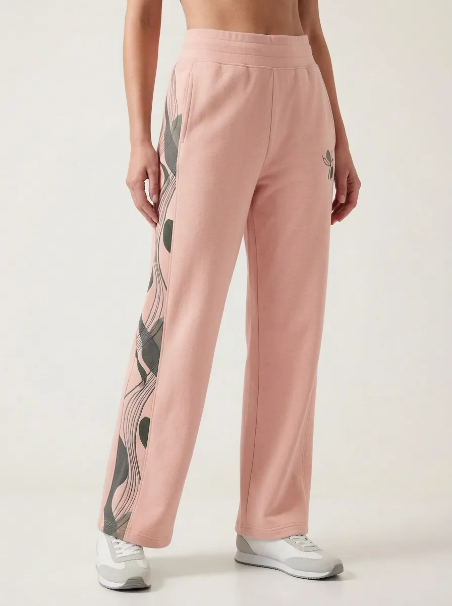 Women's Beige Graphic Side-Panel Wide-Leg Sweatpants