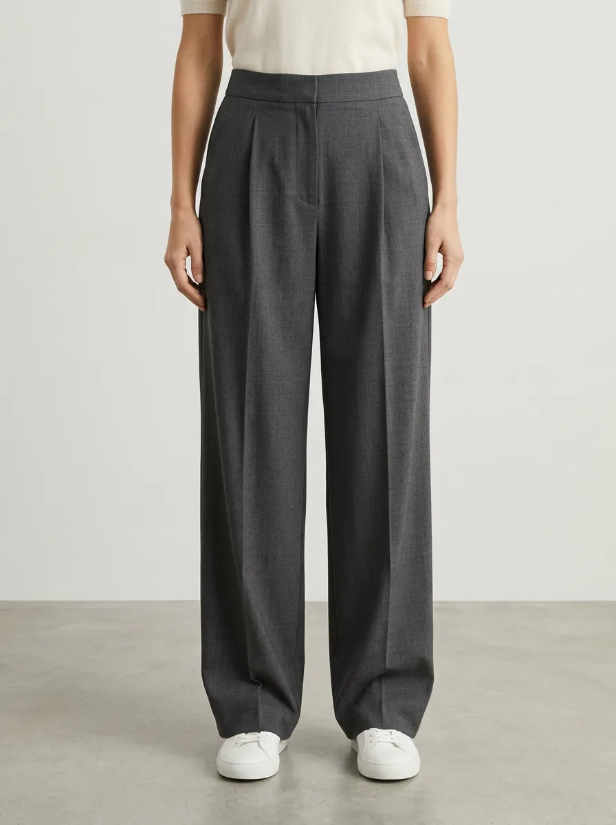 Structured Profile Pleated Wide-Leg Trousers