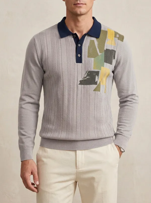 Men's Abstract Geometric Pattern Printed Long Sleeve Polo Shirt