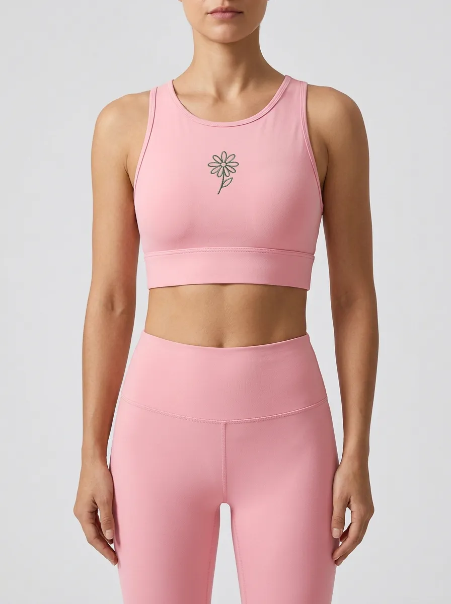 Women's Daisy-Embroidered High-Neck Sports Bra