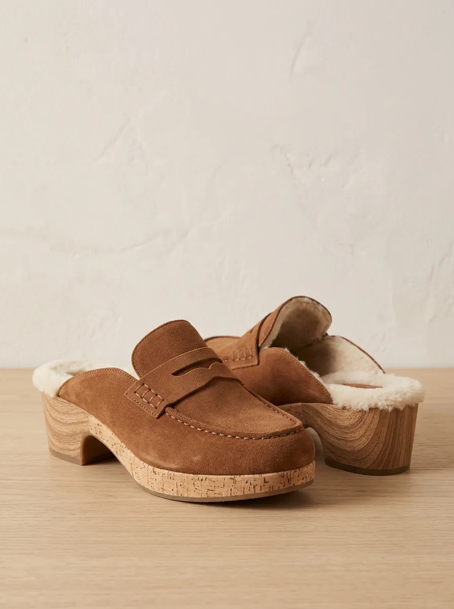 Women's Utility Faux Fur Lined Platform Clog Style Suede Wood Sole Loafers