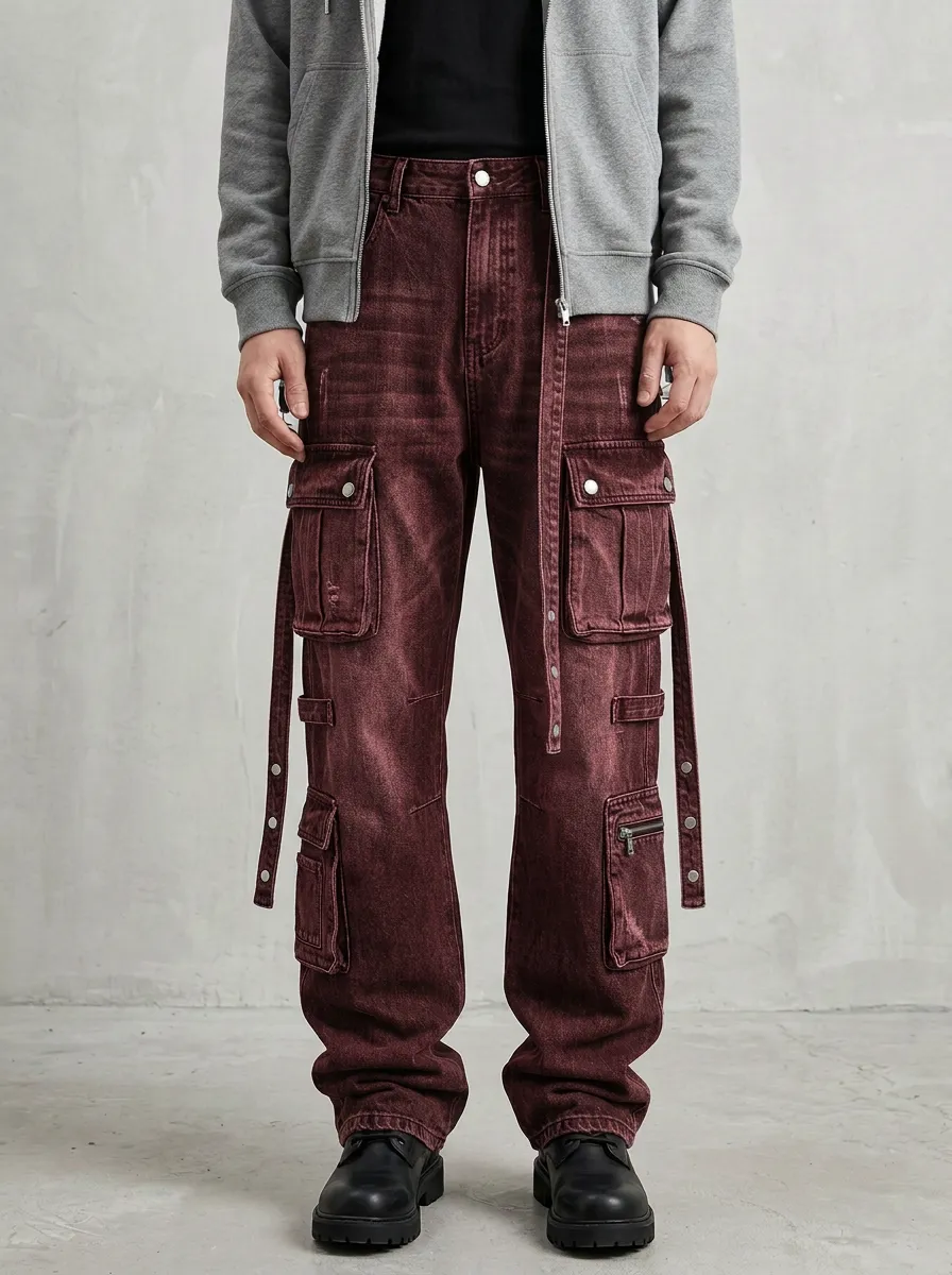 Men's Washed Black Multi-Pocket Strap Detail Zip Utility Pocket Cargo Pants