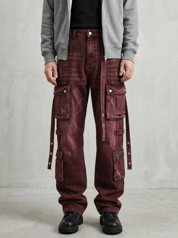 Men's Washed Black Multi-Pocket Strap Detail Zip Utility Pocket Cargo Pants