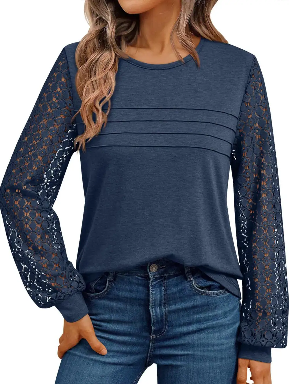 Crew Neck Openwork Patch Top