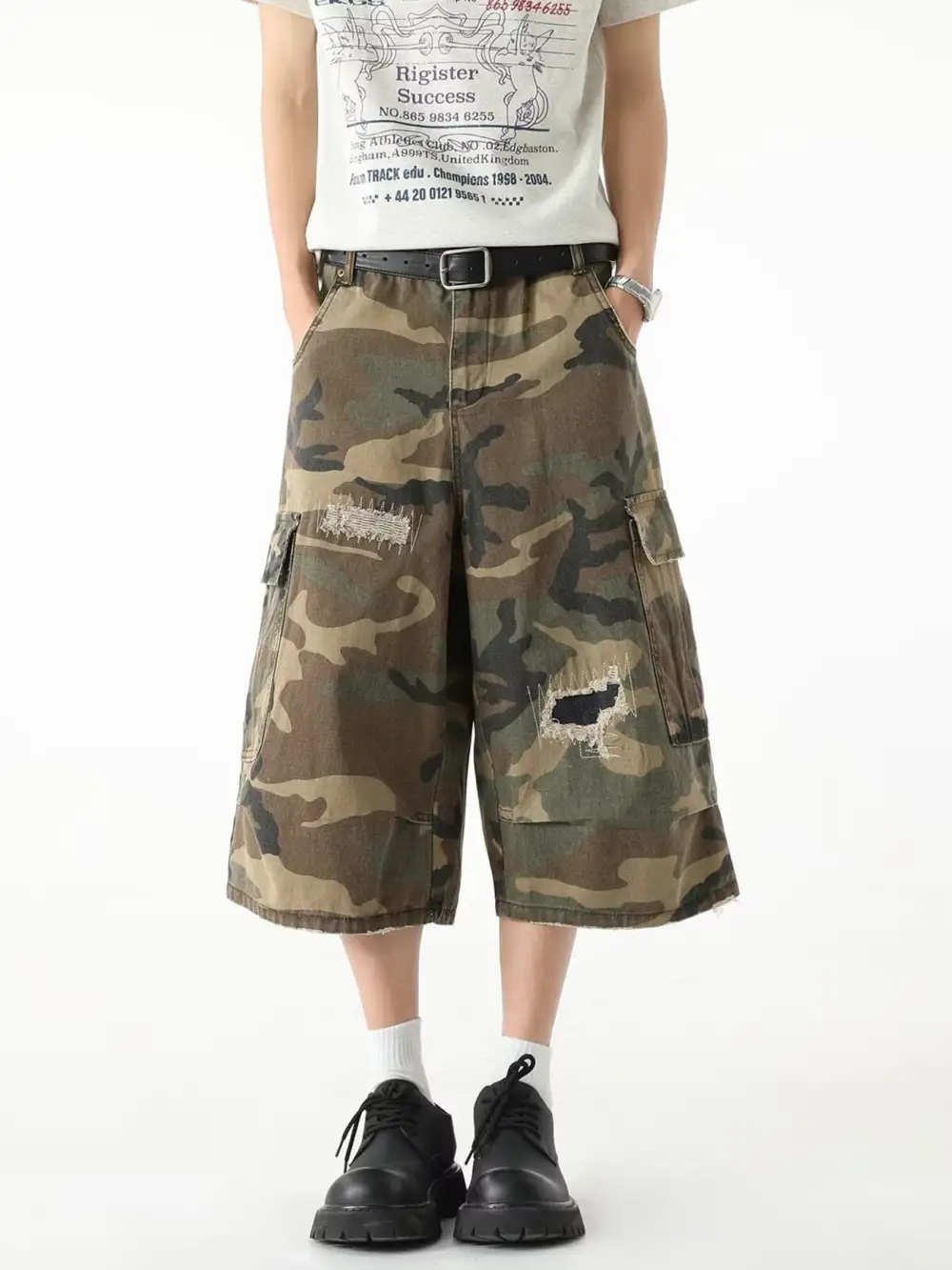 Men's Full Size Distressed Camouflage Denim Shorts Plus