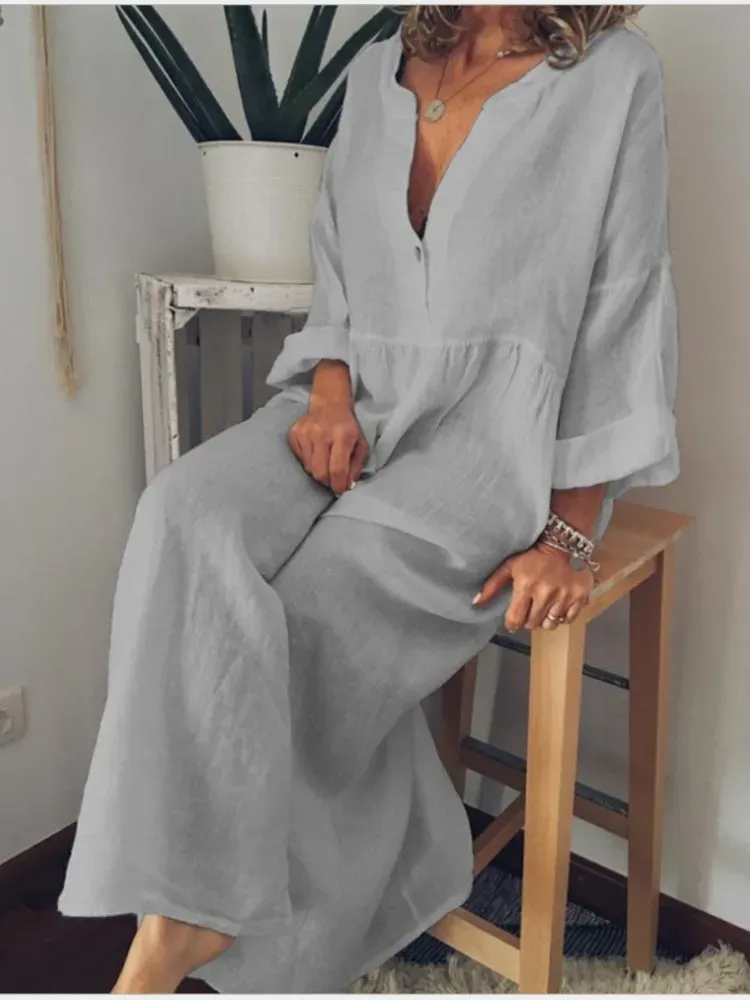 Linen Blend Cotton Blend Maxi Layered Look Dress
