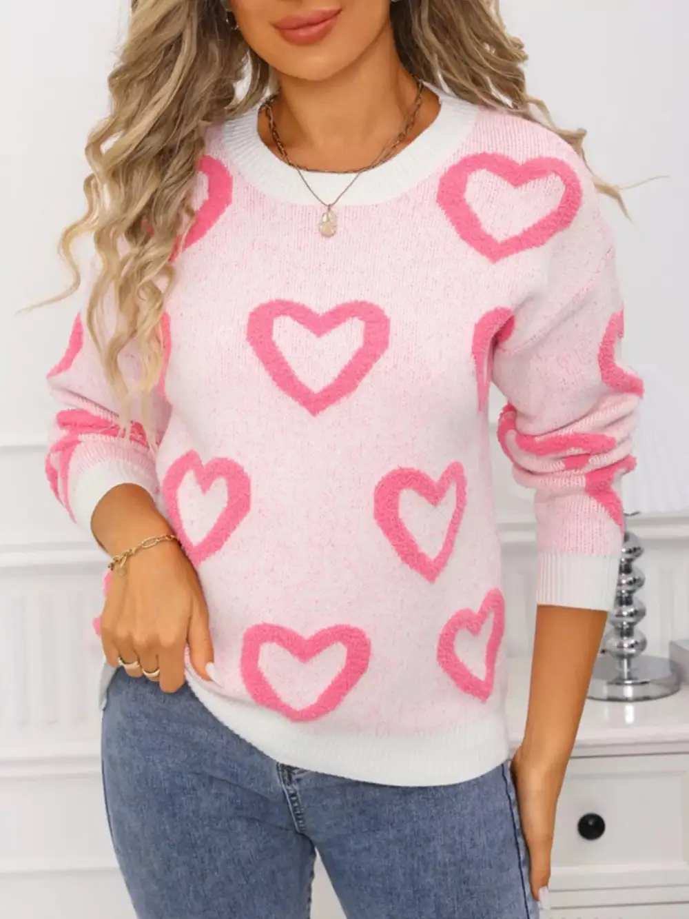 Valentine's Day Heart Pattern Round Neck Sweater