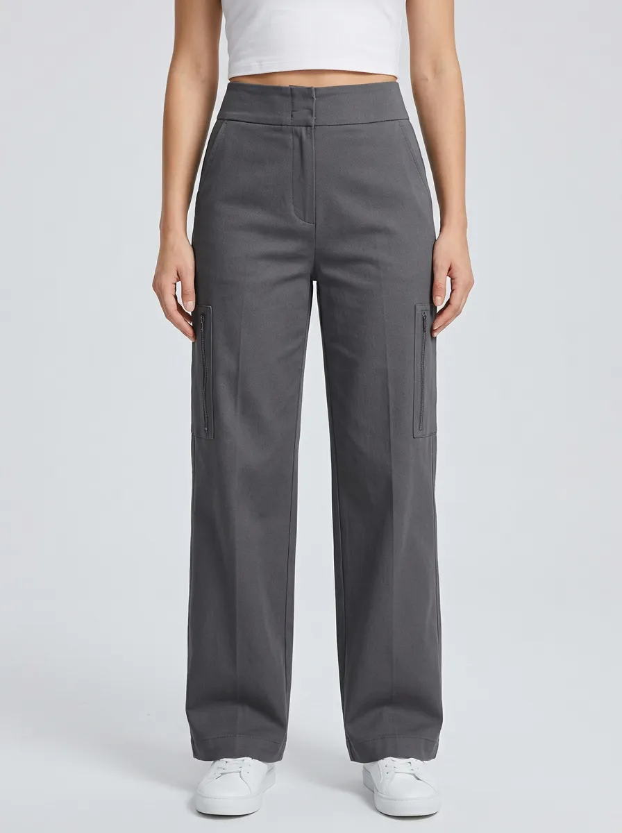 Women's High-Rise Button-Flap Pocket Vertical Zip-Pocket Pressed-Crease Straight-Leg Cargo Pants