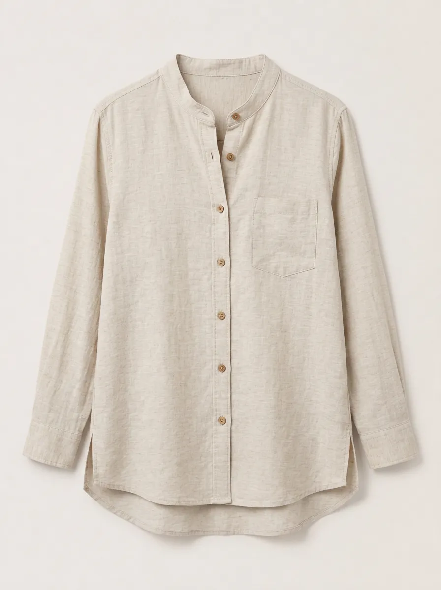 Women's Beige Mandarin Collar Button-Down Shirt with Chest Pocket