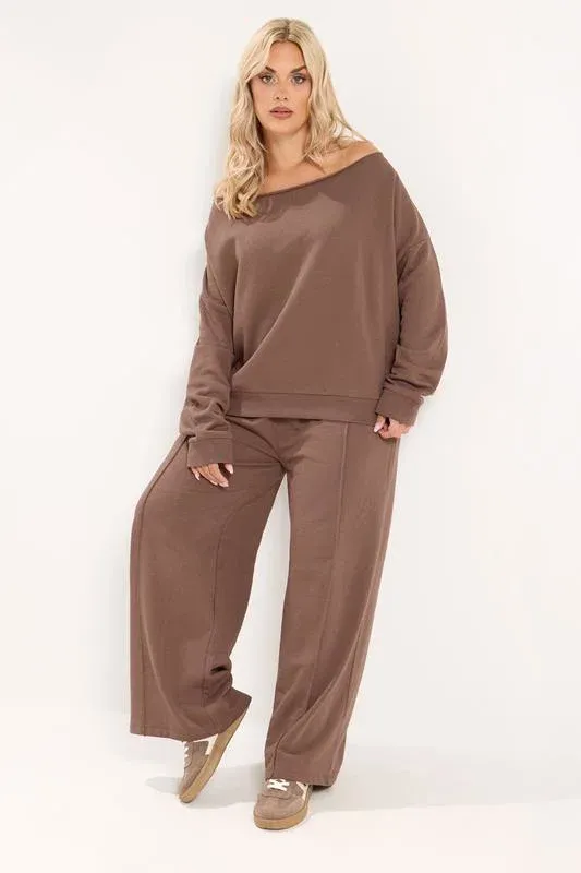 Brown Off Shoulder Sweatshirt & Jogger Wide Leg Set