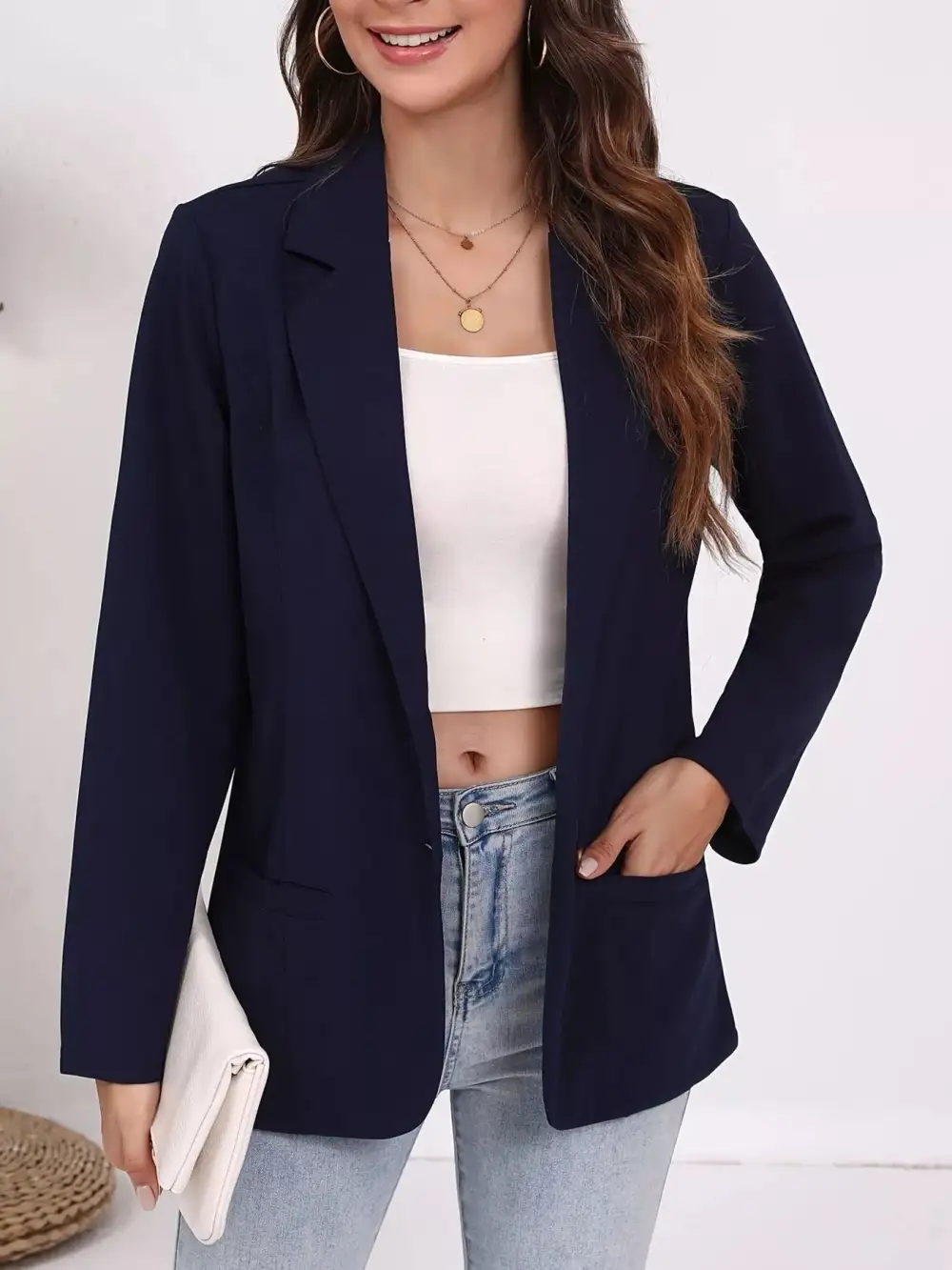 Pocketed Lapel Collar Single Button Blazer