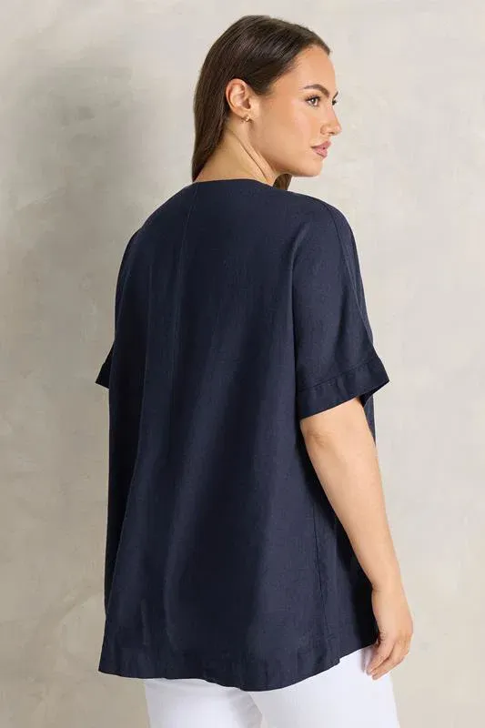 Navy Blue Premium Linen Front Pleat Top