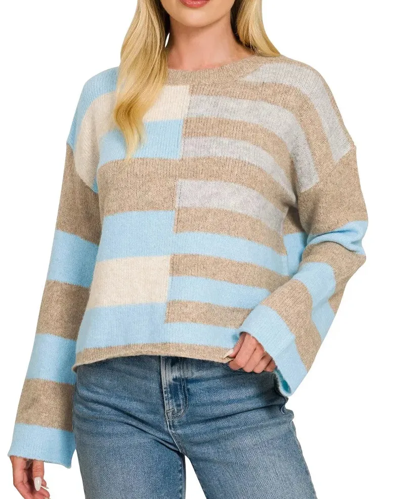 Lightweight Wool Blend Color Block Sweater