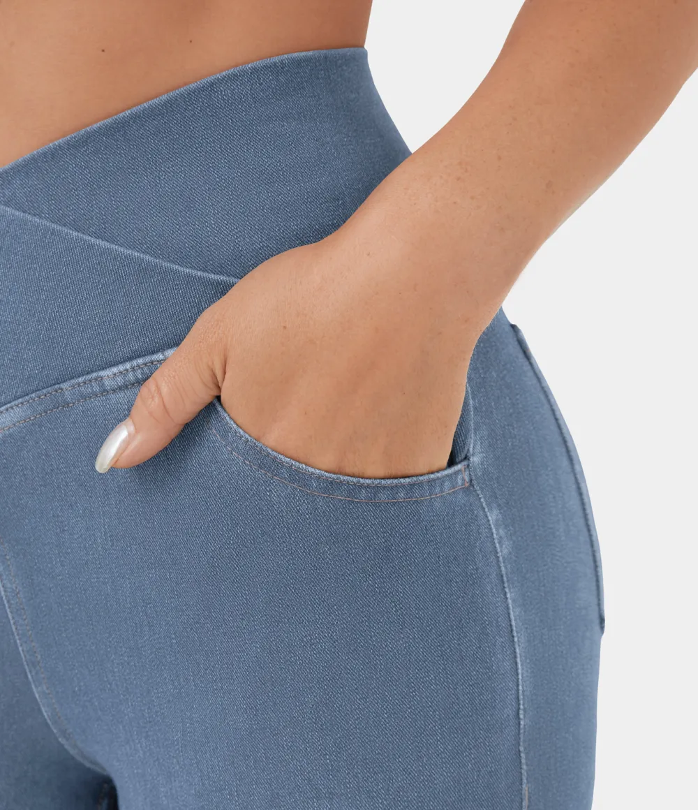Magic High Waisted Crossover Pocket Cool Touch Washed Stretchy Knit Casual Super Flare Jeans