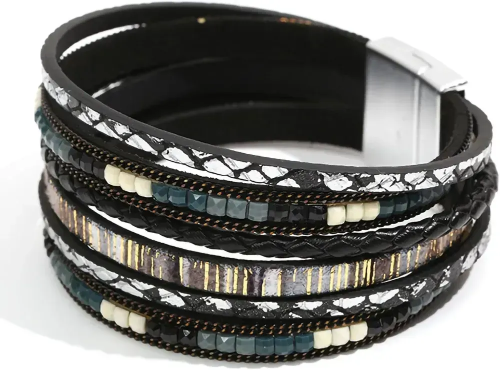 Fesciory Leather Wrap Bracelets for Women, Boho Leopard Multi-Layer Crystal Beads Cuff Bracelet Jewelry