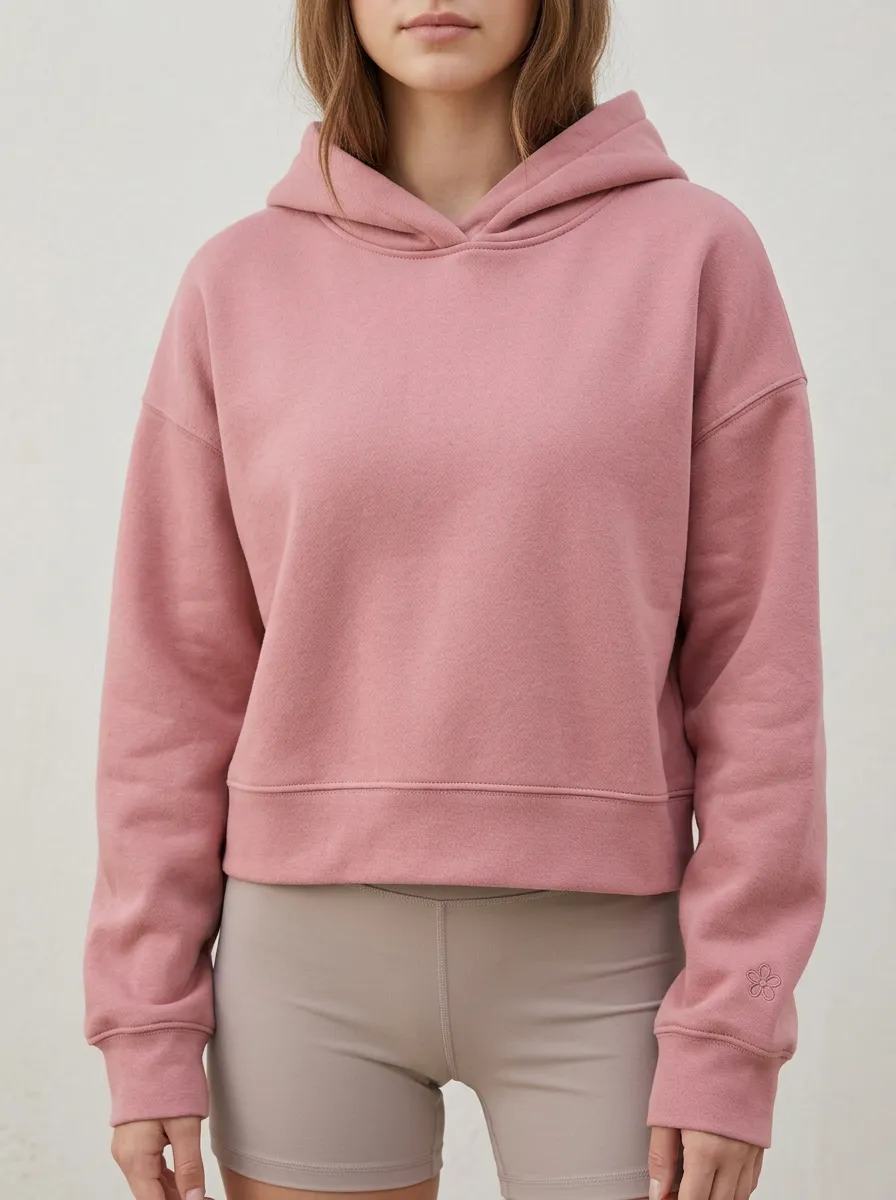 Women's Minimalist Solid Pink Embroidered Flower Hoodie