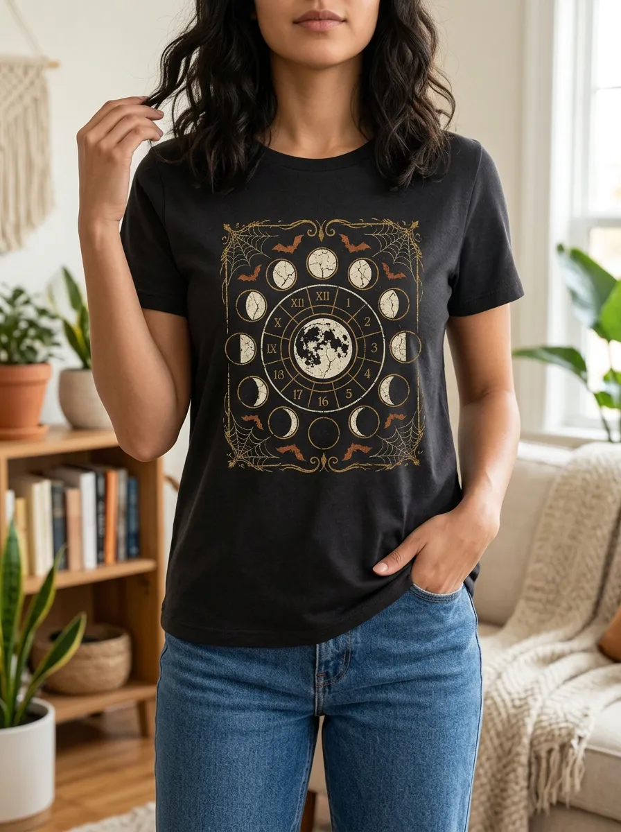 Women's Halloween Celestial Moon Phase Bat Printed T-shirt