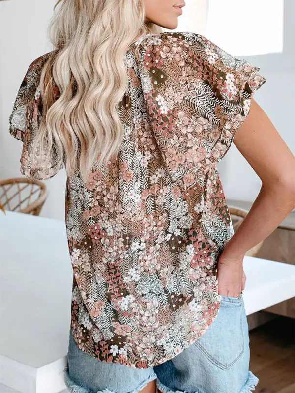 V-Neck Short-Sleeve Drop-Shoulder Relaxed-Fit Casual Shirt