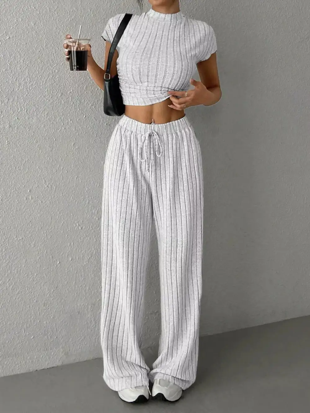 Ribbed Knit Top and Wide Leg Pants Set