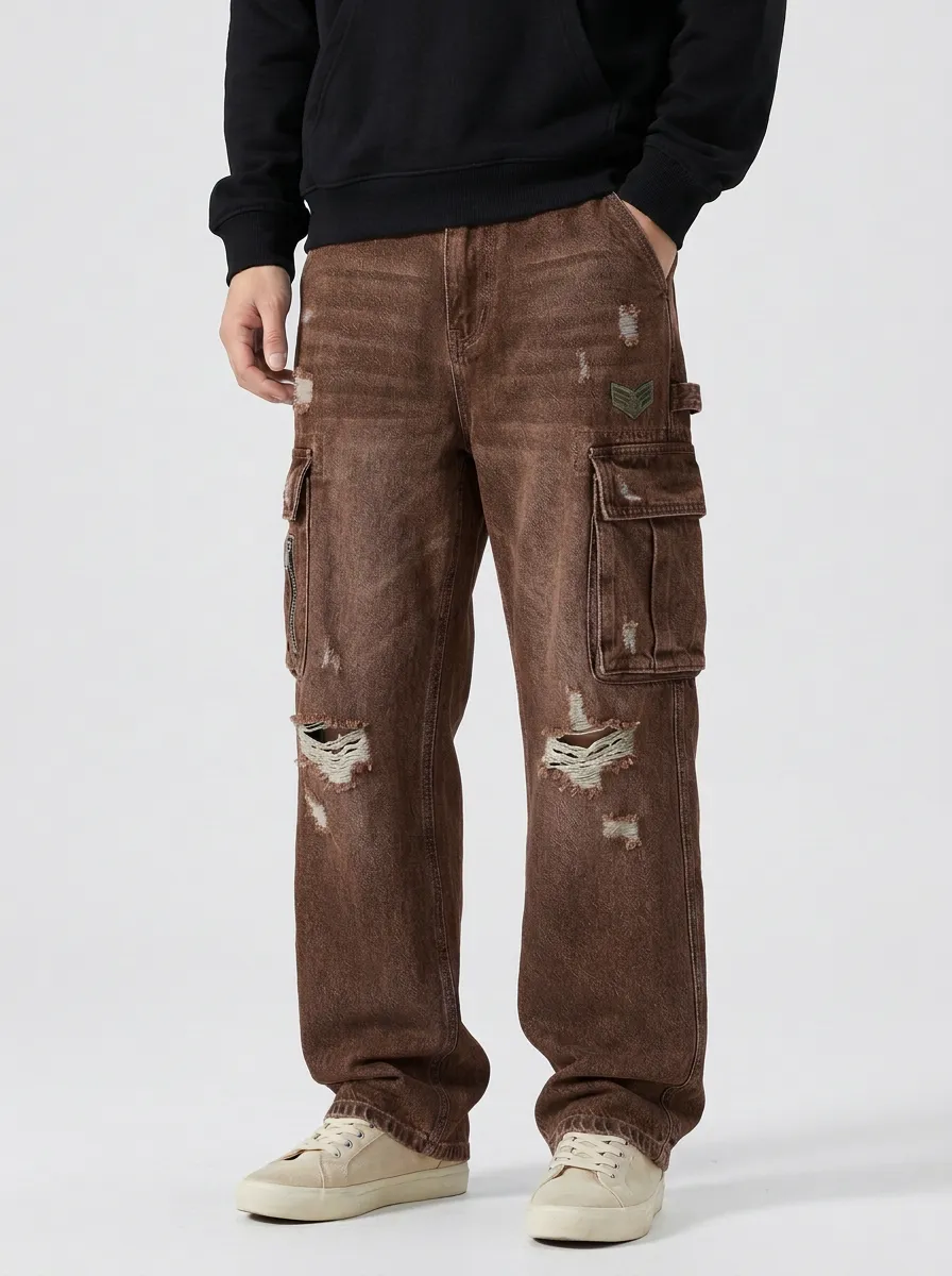 Men's Military Style Distressed Denim Cargo Jeans