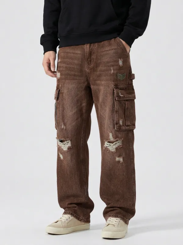 Men's Military Style Distressed Denim Cargo Jeans