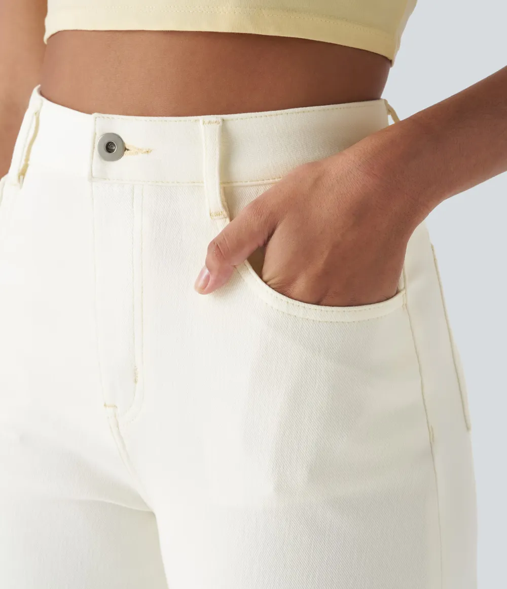 Magic High Waisted Multiple Pockets Rolled Hem Wide Leg Washed Stretchy Knit Casual Jeans