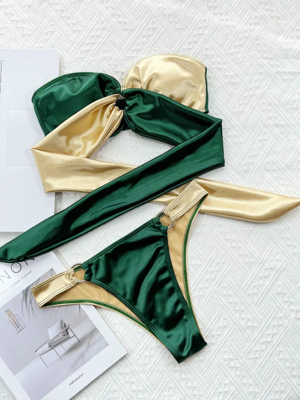 Two Tone Ring Detail Tied Bikini Swim Set