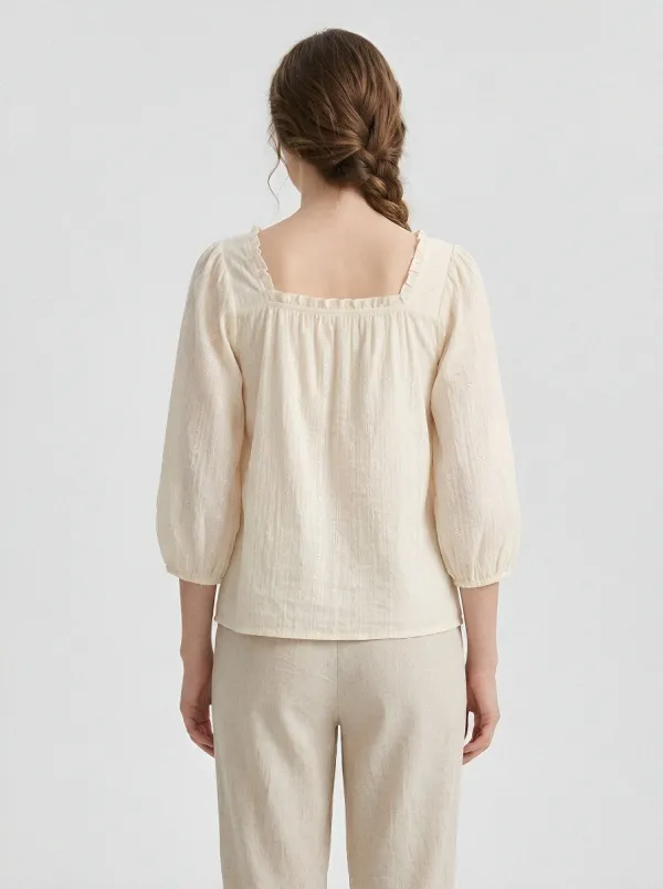 Embroidered Eyelet Square-Neck Women's Puff-Sleeve Blouse