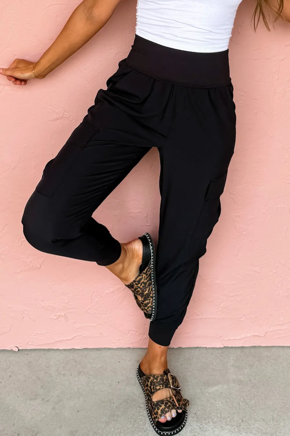 Elastic High Waist Pocketed Cargo Jogger Trousers