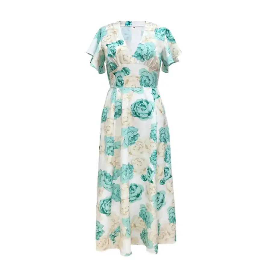 Plus Size Floral Print V Neck Maxi Dress with Flutter Sleeves