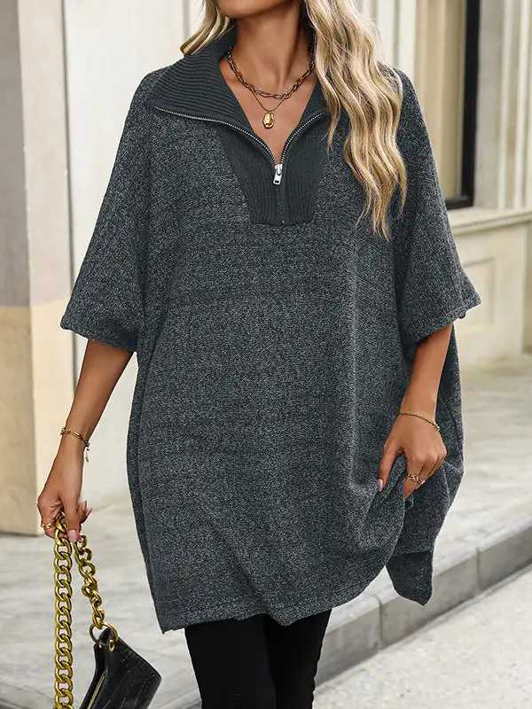 Paneled Zip Detail V-Neck Elbow Sleeve Relaxed Fit Sweater