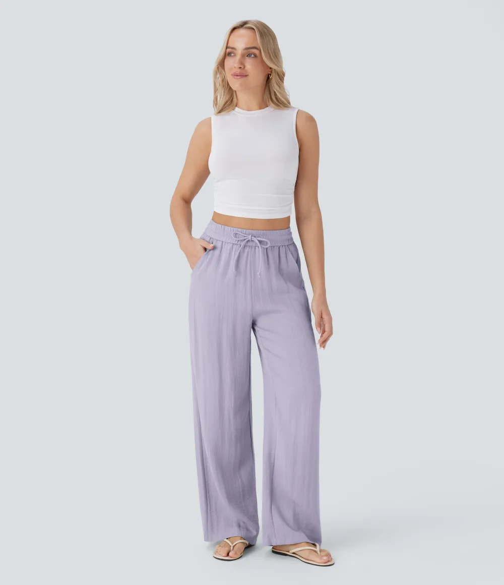 2026🔥  High Waisted Drawstring Pocket Wide Leg Casual Linen-Feel Pants