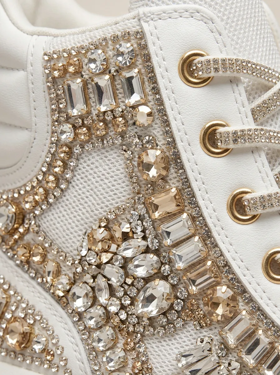 Lace-Detail Mesh Lace-Up Women's Rhinestone Platform Shoes
