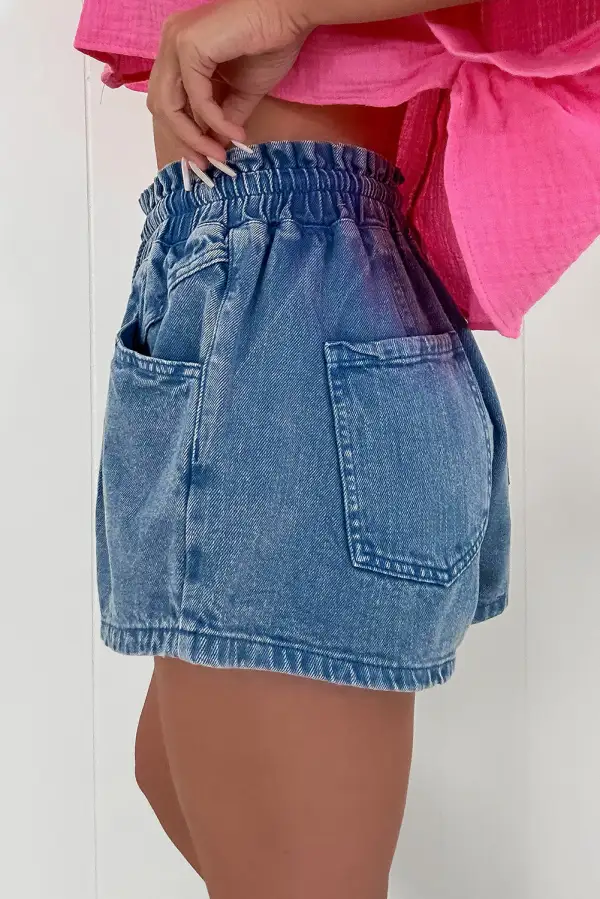 Drawstring High Waist Casual Denim Shorts With Pockets