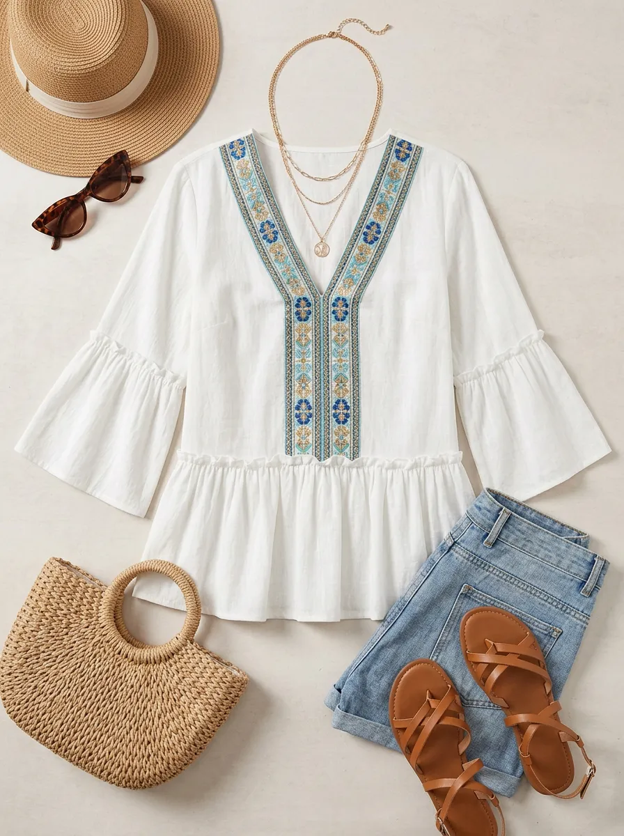 Boho Floral Embroidery Printed Peplum Top