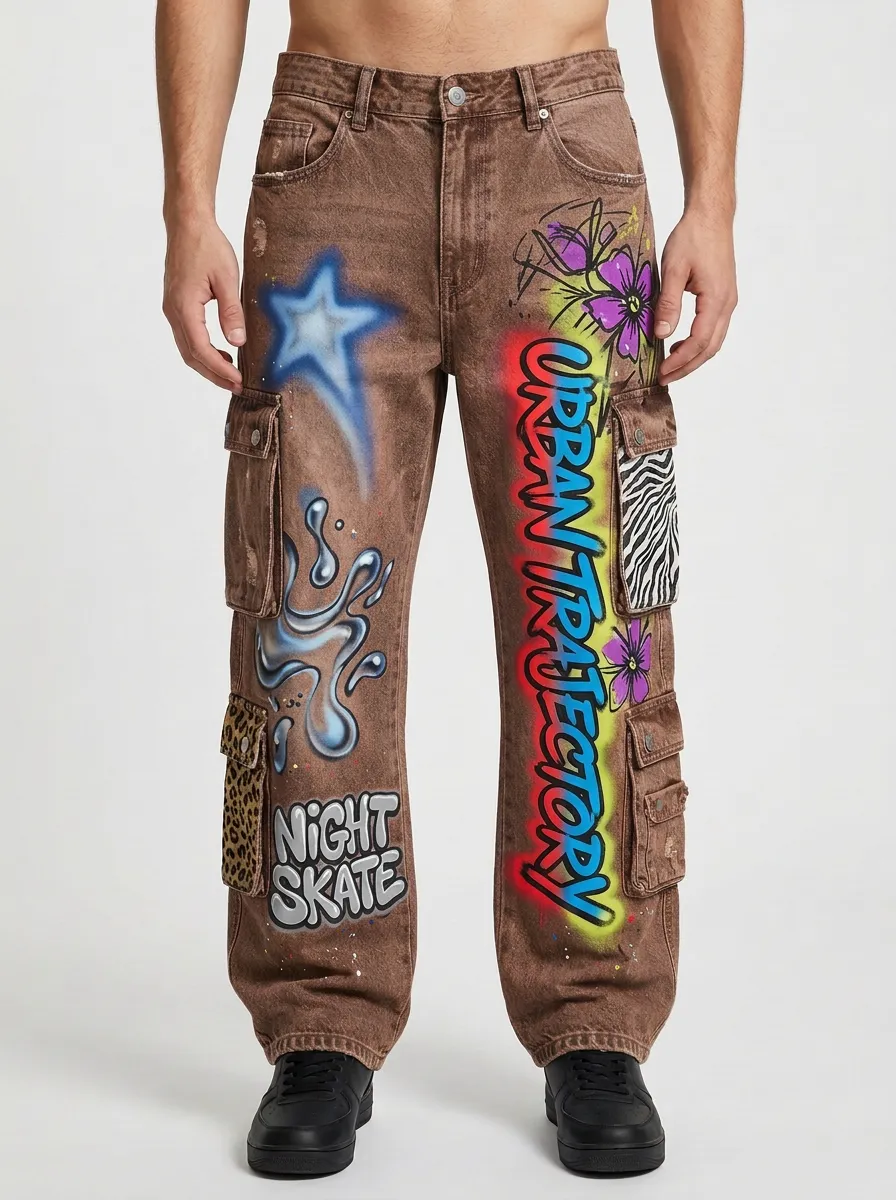 Men's Streetwear Graffiti Star Floral Graphic Cargo Jeans