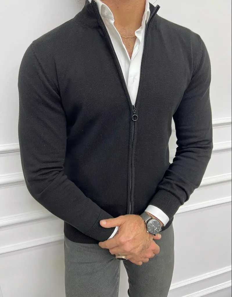Classic Slim Fit Zip Detail V-Neck Knit Cardigan