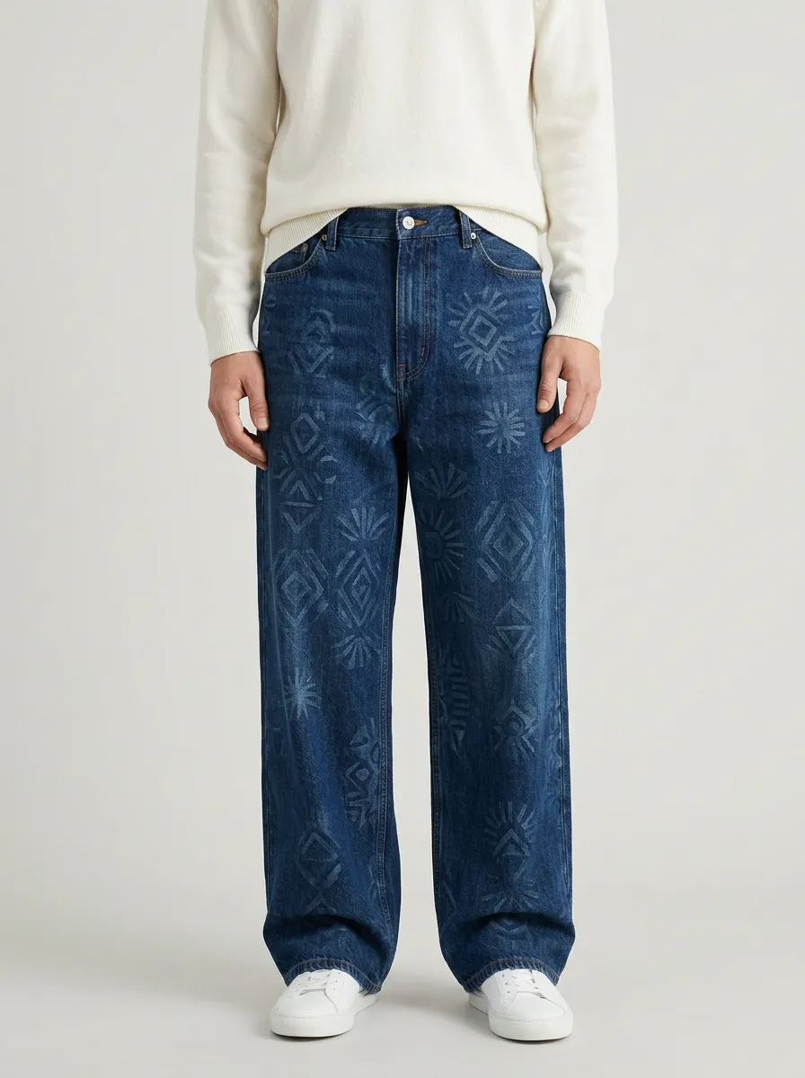 Men's Tribal Geometric Pattern Printed Wide Leg Jeans