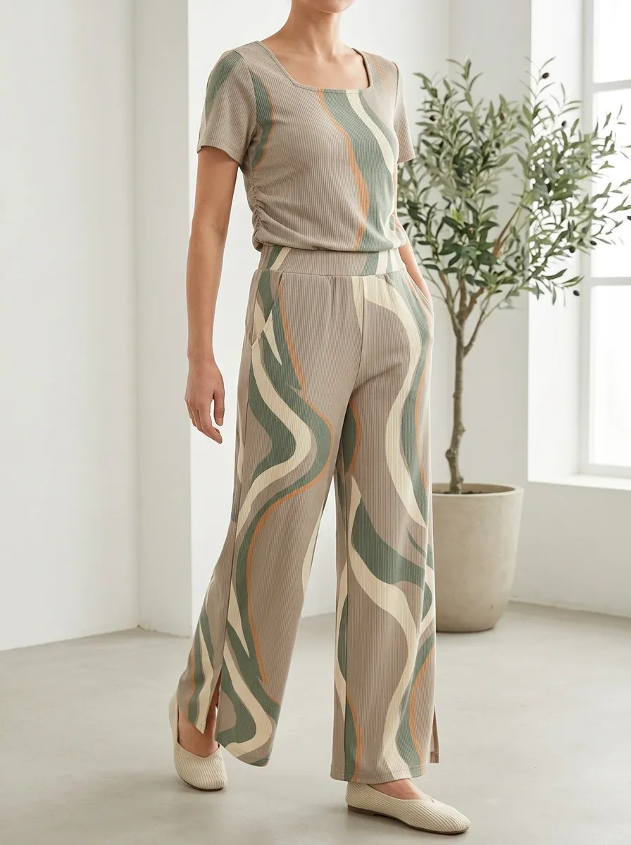 Women's Lounge Abstract Wave Patterned Wide Leg Pants Set