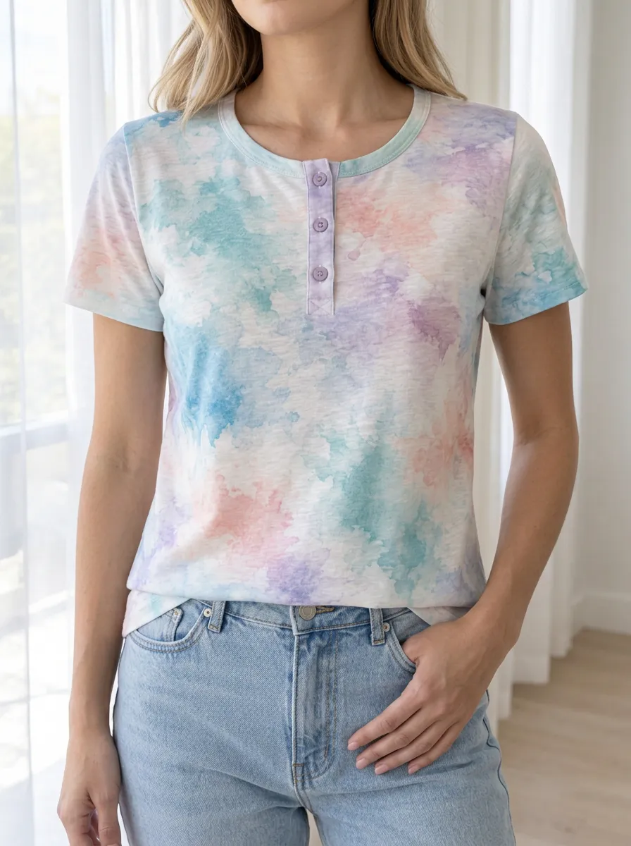 Women's Modern Watercolor Tie-Dye Henley T-Shirt