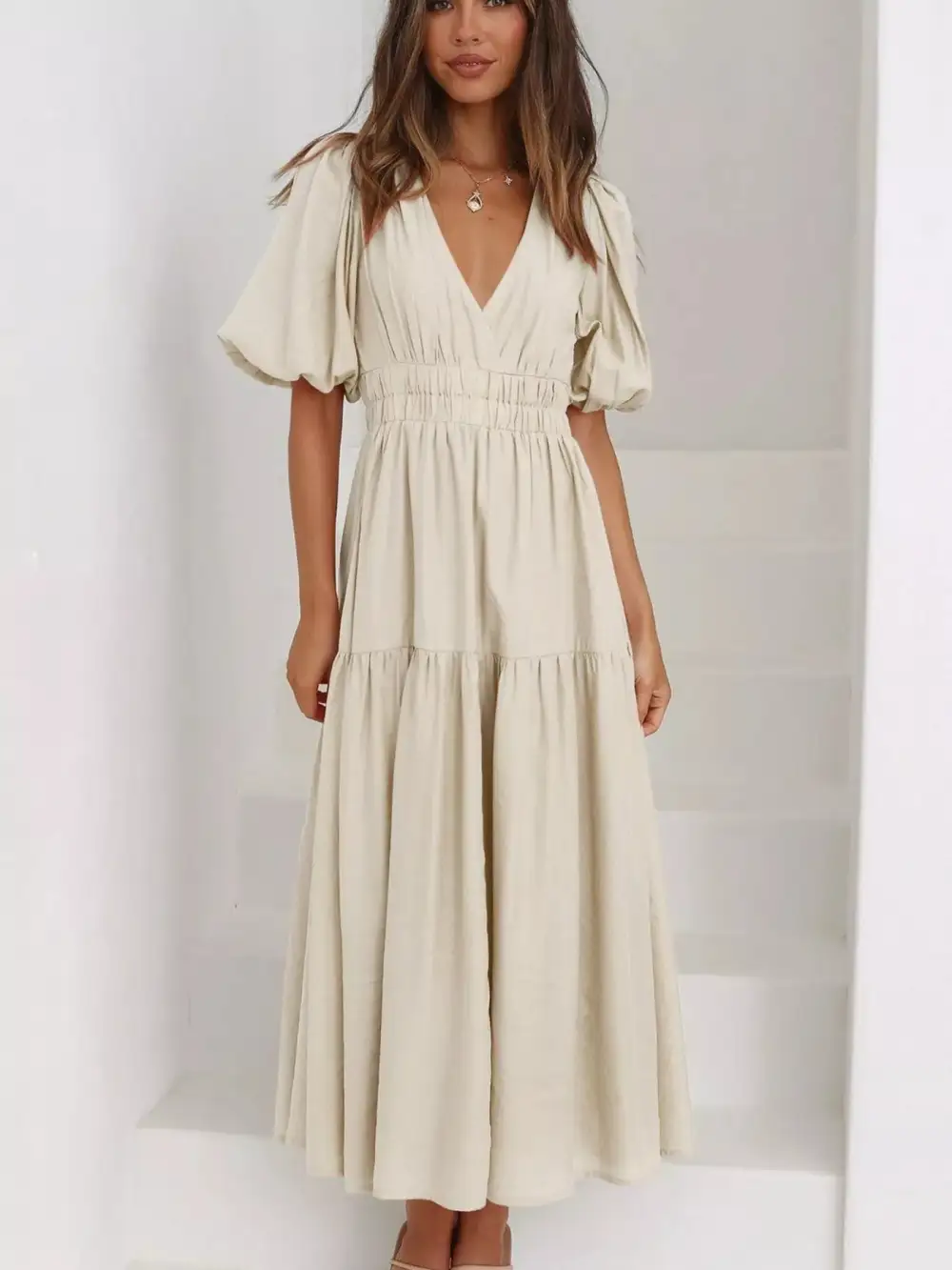 Everyday V-neck Puff Sleeve Midi Dress