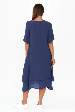 Cotton Pleated V-Neck Half-Sleeve A-Line Asymmetric-Hem Below-Knee Dress