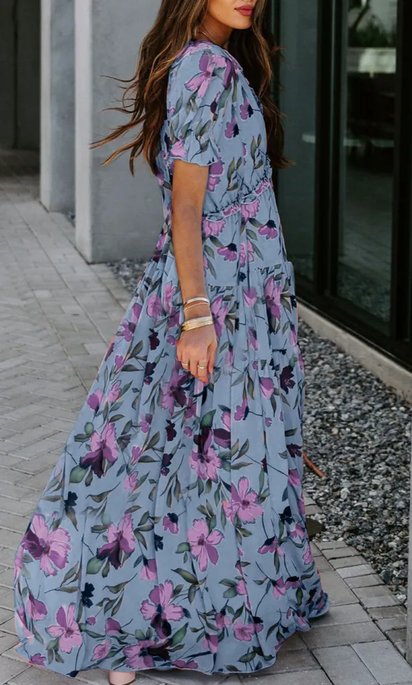 Refined Fiery Floral Print Frilled V Neck Short Sleeve Maxi Dress