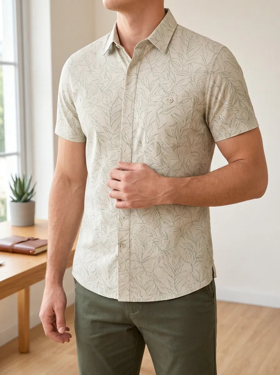 Men's Casual Botanical Leaf Printed Slim Fit Shirt