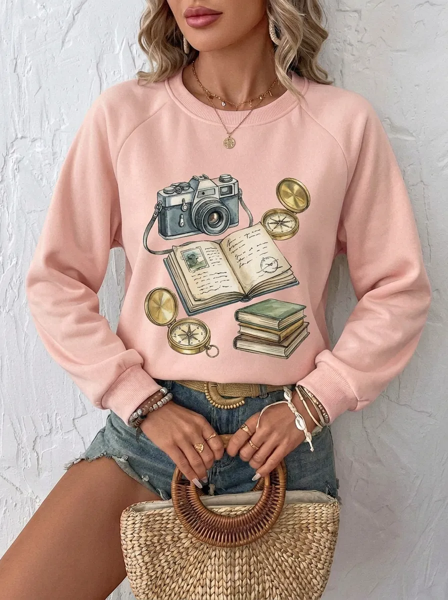 Women's Travel Enthusiast Camera Compass Book Graphic Sweatshirt